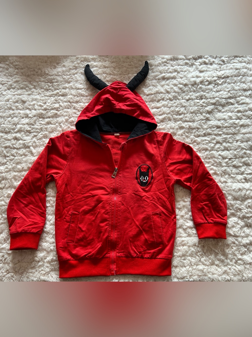 Kids Red Hooded Zip-Up Sweatshirt with Horn Detail